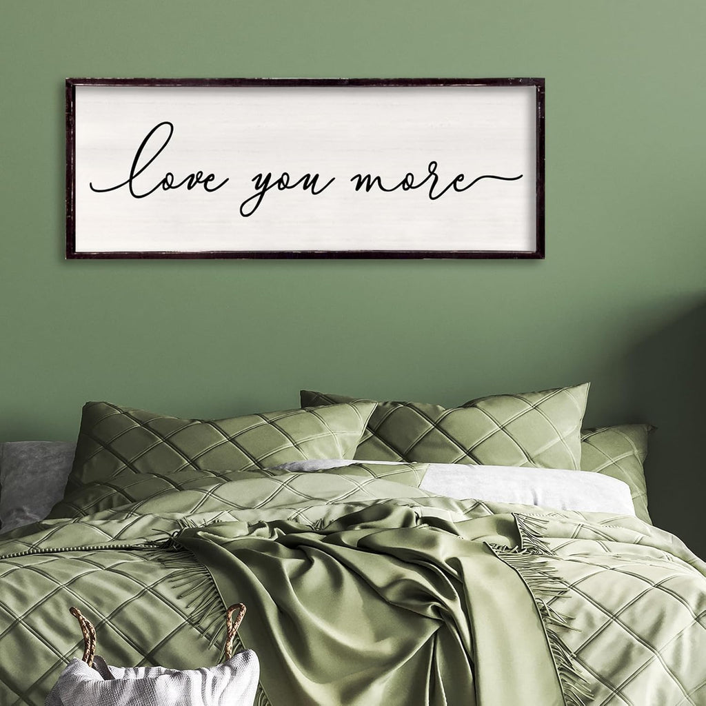Love You More Above Bed Wall Decor Sign 32"×12" for Master Bedroom Over Bed Large Simple Wood Framed Hanging Wall Art (Black)
