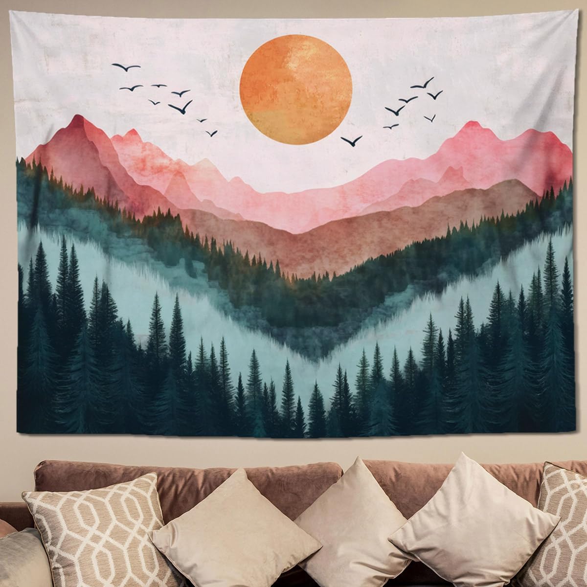 keowhsf Sunset Mountain Forest Tapestry - Large Nature Landscape Wall Hanging, Aesthetic Pine Tree Scenery Wall Art for Bedroom & Living Room Decor
