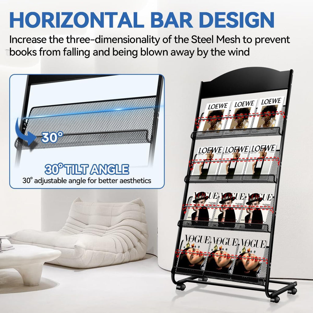 Floor-Standing Magazine Rack, 4-Layer Brochure Display Stand Tiered Design Magazine Stand Detachable Magazine Display with Casters for Exhibitions, Shopping Malls, Hospitals, Offices
