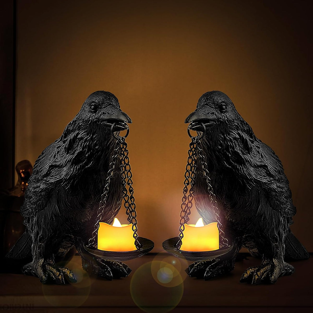 Raven Gothic Home Decor Fake Crow Light Holder Raven Lamp Tealight Candle Holder Resin Raven Statue 2PCS