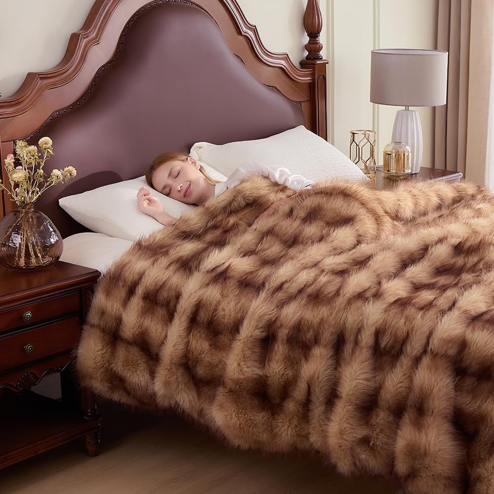Fluffy Faux Fur Throw Blanket – Super Soft Warm Thick Plush Blanket for Bed, Couch & Office, Cozy Fuzzy Throw with Flannel Backing,90"x90", Brown