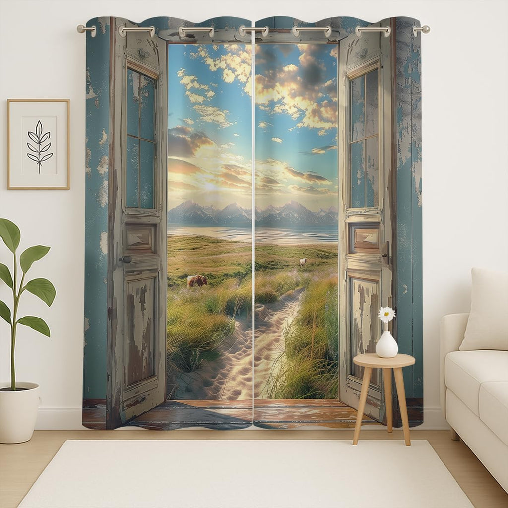 Landscape Blackout Curtains for Girls Boys Home Decor, Cow Sunset Grassland Mountain Natural Scenery Grommet Thermal Insulated Drapes Darkening Window Curtain for Bedroom Living Room, 63 x 63 Inch