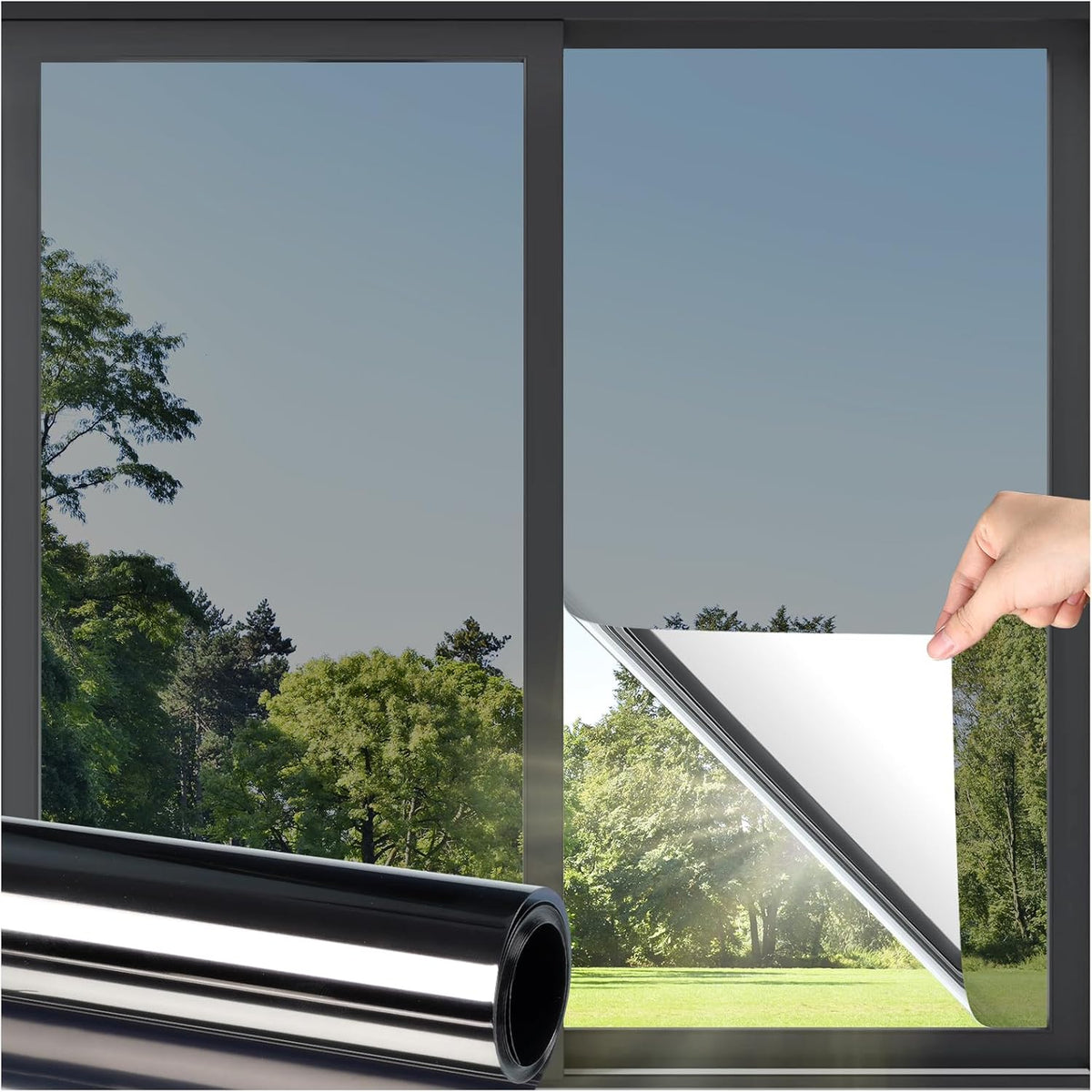 DOWELL Window Privacy Film, One Way Window Tint for Home, Static Cling Anti UV Sun Blocking Reflective Mirror Film, Heat Control See Out Not in Glass Tinting, Black Silver, 17.5" x 78.7"