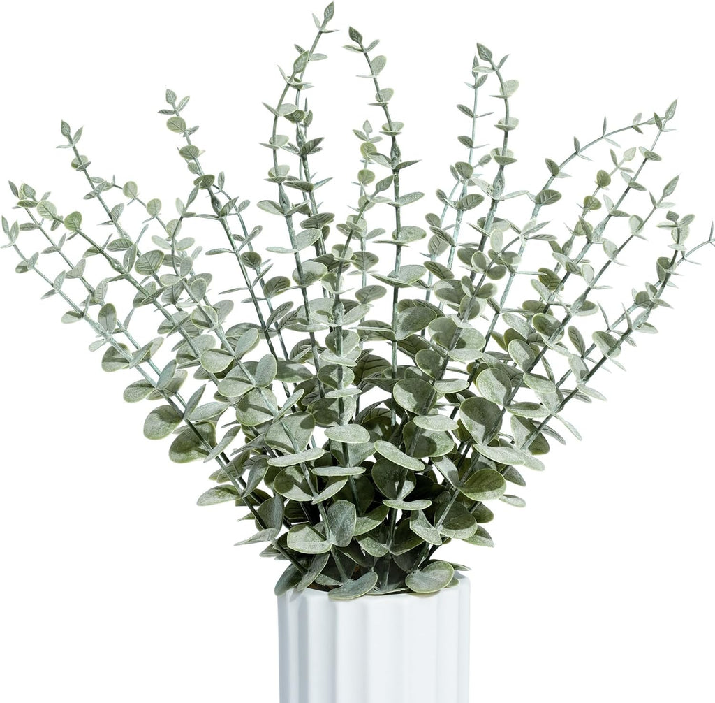24Pcs Faux Eucalyptus Stems, 15" Artificial Eucalyptus Plants with White Frosted Coating, Fake Eucalyptus Decor Plastic Greenery Leaves for Wedding Bouquets Home Decor DIY Floral Arrangements