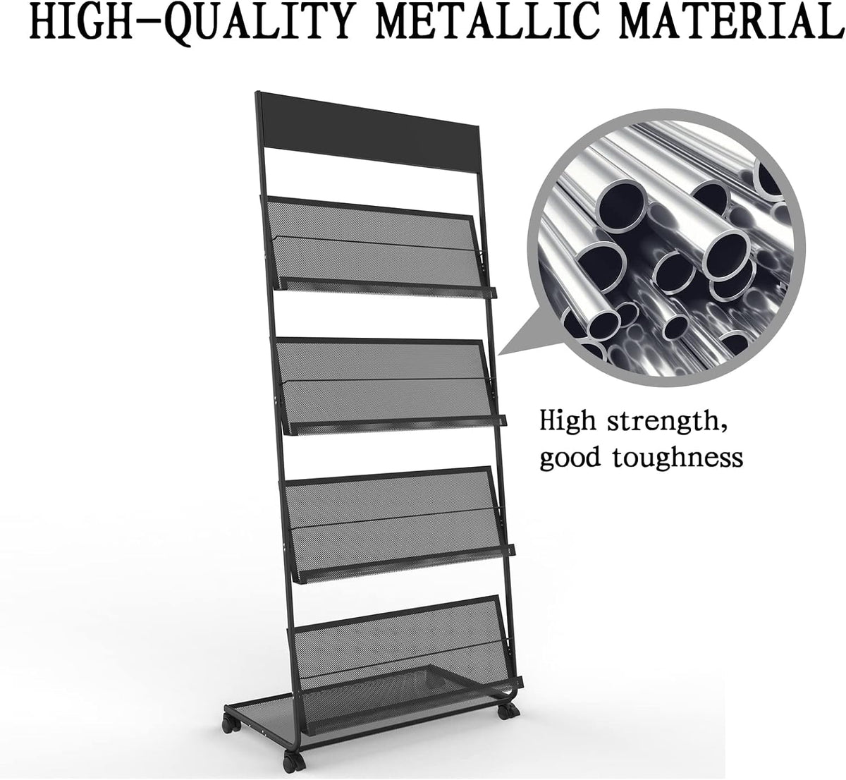 TONGMO Magazine Rack: Floor-Standing 4-Layer with Wheels, Brochure Display Stand, High-hardness metal for Exhibitions, Office, and Any Organization Requiring Information Display(Black)
