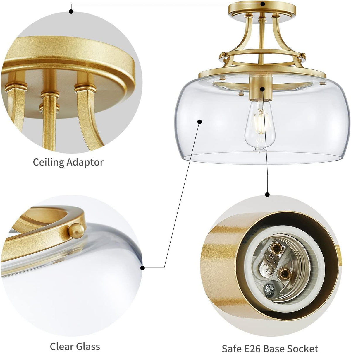 WUZUPS Chandelier Rustic Farmhouse Industrial Round Semi-flushmount Ceiling LED Light Fixture with Clear Glass Shades for Bathroom Kitchen Foyer Entryway, H 11.8" x W 13.4", E26 Base, Gold
