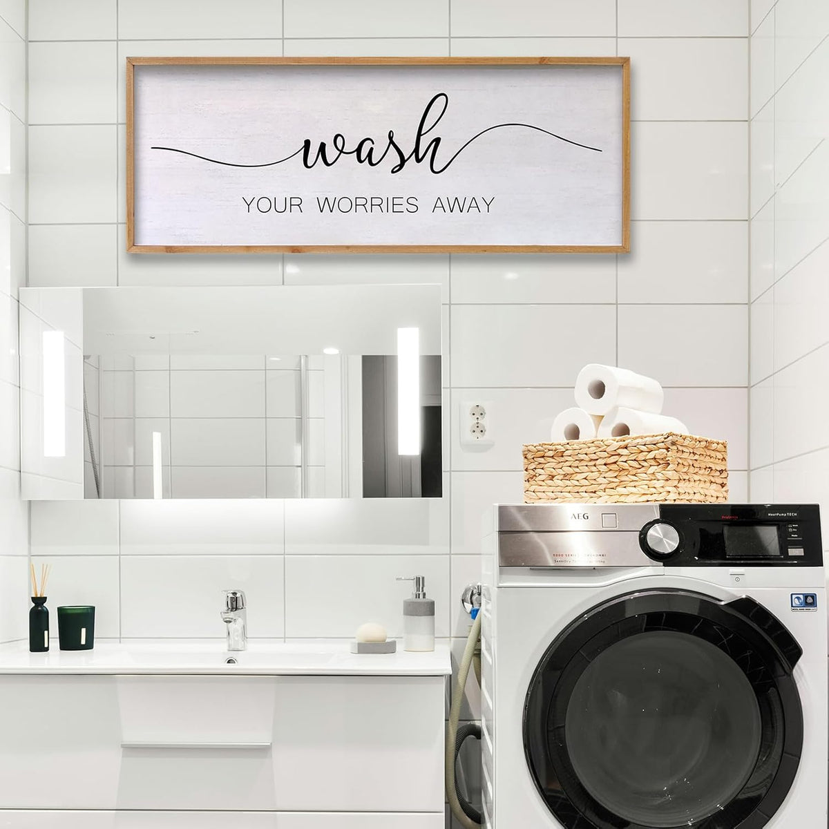 Wash Your Worries Away Bathroom Wall Art 24×10 Inch Wood Framed Decor Funny for Laundry Room Restroom Modern Rustic Inspirational Sign (Wood)