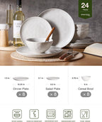 Famiware Dinnerware Sets for 8, Ocean Round 24-Piece Kitchen Plates and Bowls Sets, Microwave and Dishwasher Safe, Scratch Resistant, Matte White
