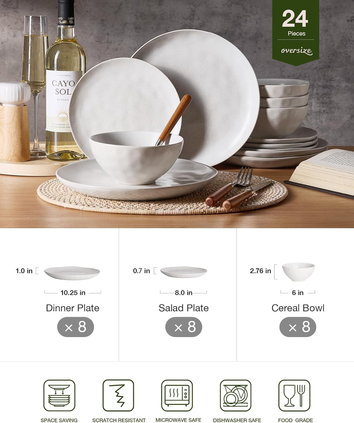 Famiware Dinnerware Sets for 8, Ocean Round 24-Piece Kitchen Plates and Bowls Sets, Microwave and Dishwasher Safe, Scratch Resistant, Matte White