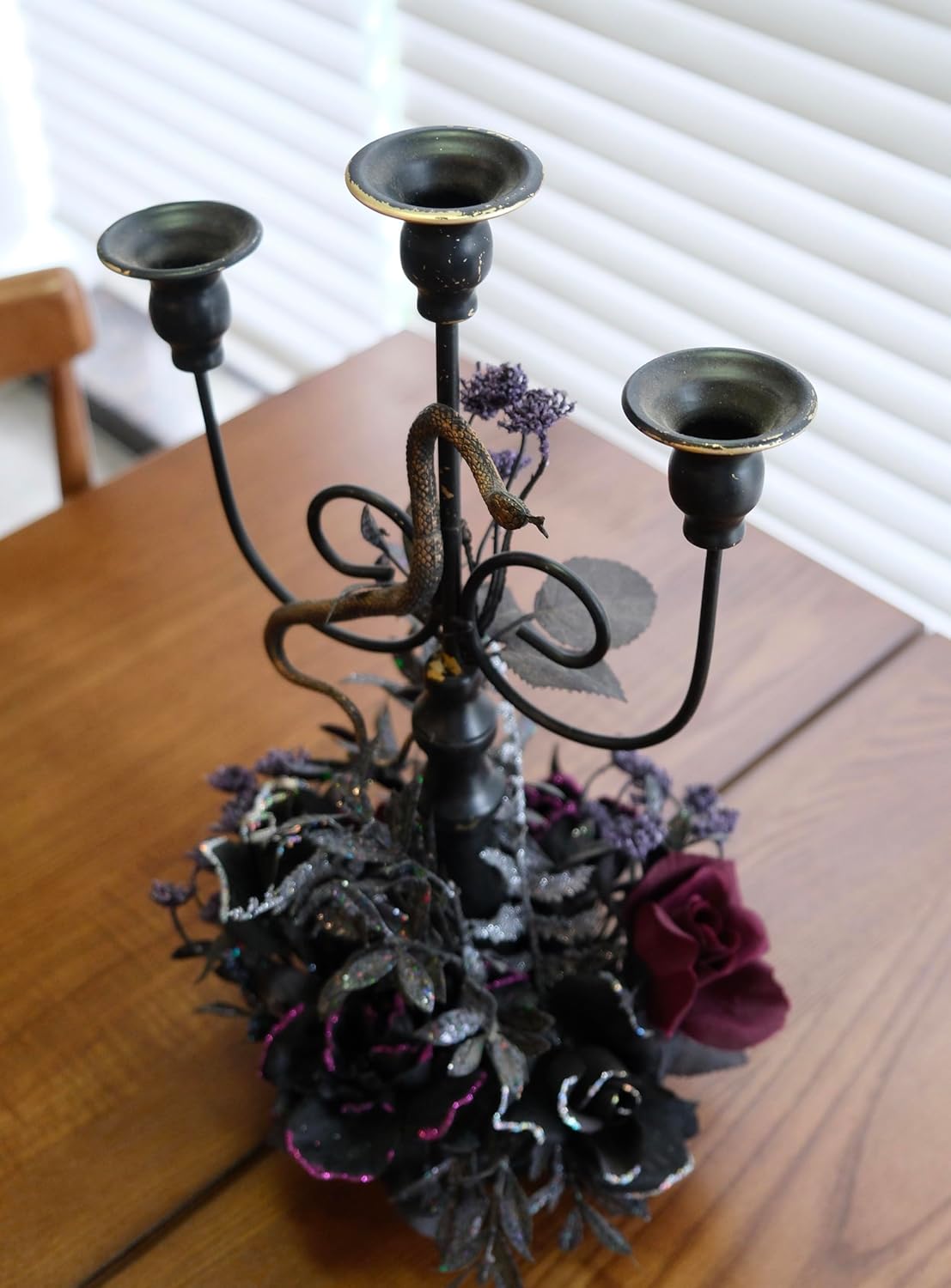 Halloween Candle Holder, 3 Arms Metal Candelabra, Black Candlestick Holder, Gothic Spooky Halloween Decor for Coffee Table/Dining Table Centerpiece, 18" Height
