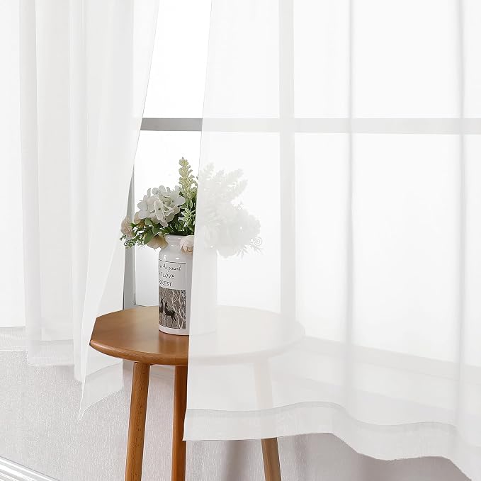 White Sheer Curtains 63 Inch Length 2 Panels Set, Elegant Voile White Curtains - Image 3