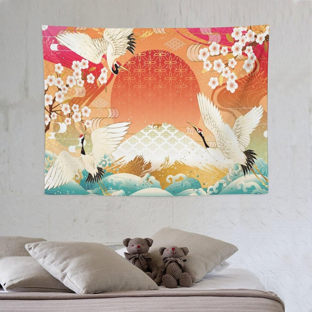 HZOHNAGO Japanese Tapestry Cherry Blossom Crane Sea Wave Fuji Mountain Red Sun Pattern Printed Wall Tapestry Painting Wall Hanging for Bedroom Living Room Dorm 40" W x 30" H