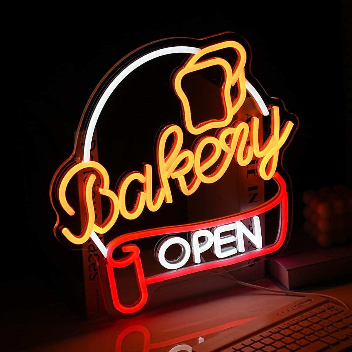 Dimmable Bakery Open Neon Sign USB Open Light Up Sign for Wall Decor Brighter LED Bakery Open Neon Light for Bakery Cake Shop Dessert House Business Decor(12.8 * 12.8 In)