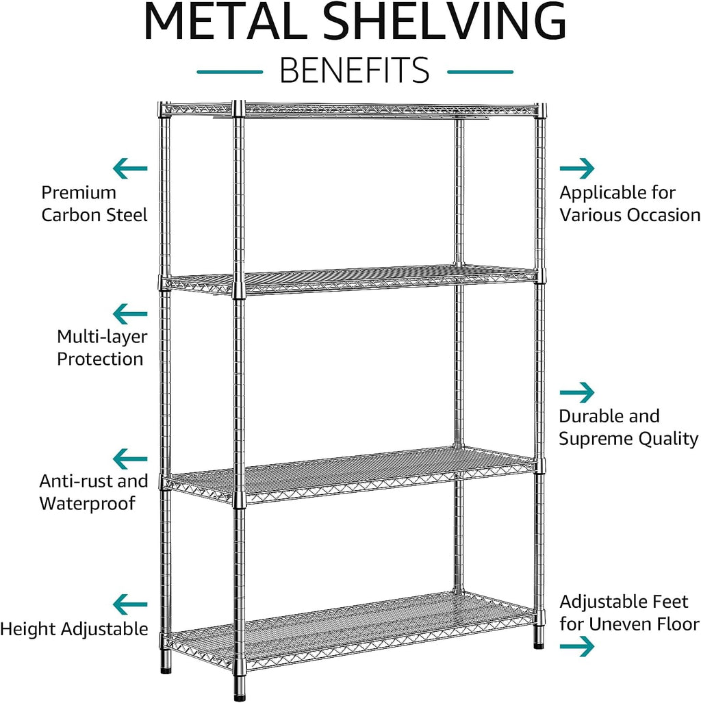IZEUK 3400 LBS Garage Shelving Wide Storage Shelves 4 Tier Metal Shelves Heavy Duty Adjustable Utility Shelf Rack Chrome 17.7" D x 47.2" W x 70.4" H
