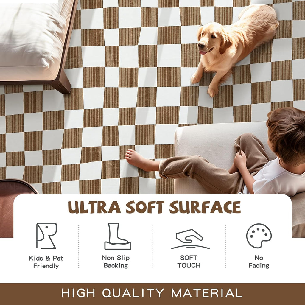 jinchan 6x9 Brown Checkered Area Rugs for Kids Room - Machine Washable Rug Modern Neutral Geometric Lattice Soft Non-Slip Carpet for Nursery Playroom Classroom Living Room Bedroom Home Office
