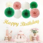 Sage-Green Pink Birthday Party-Decorations Paper-Flowers - 14pcs Happy Banner Spring Lanterns Tissue Pom Poms,Boho Streamers Garland Fans,Neutral Rustic Garden Office Hanging Supplies Decor Hugfond