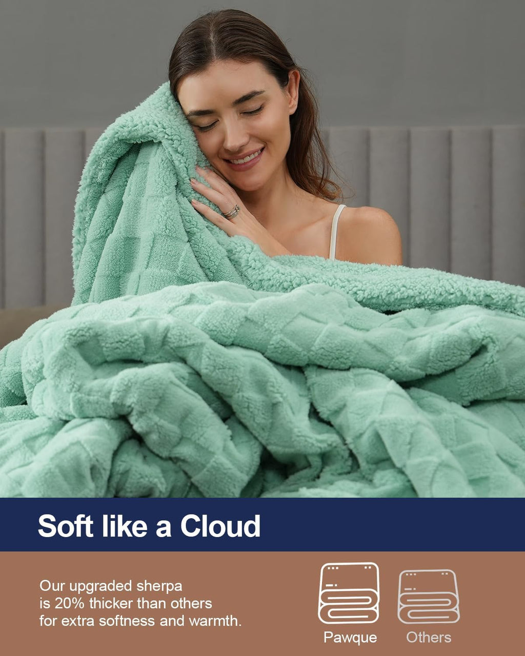 Pawque Super Soft Cozy Throw Blanket King Size for Couch Bed, Fluffy Sherpa Fleece Reversible Thick Warm Fuzzy Blanket for All-Season, 3D Checkered Jacquard Decorative Blankets, Sage Green, 108"x90"