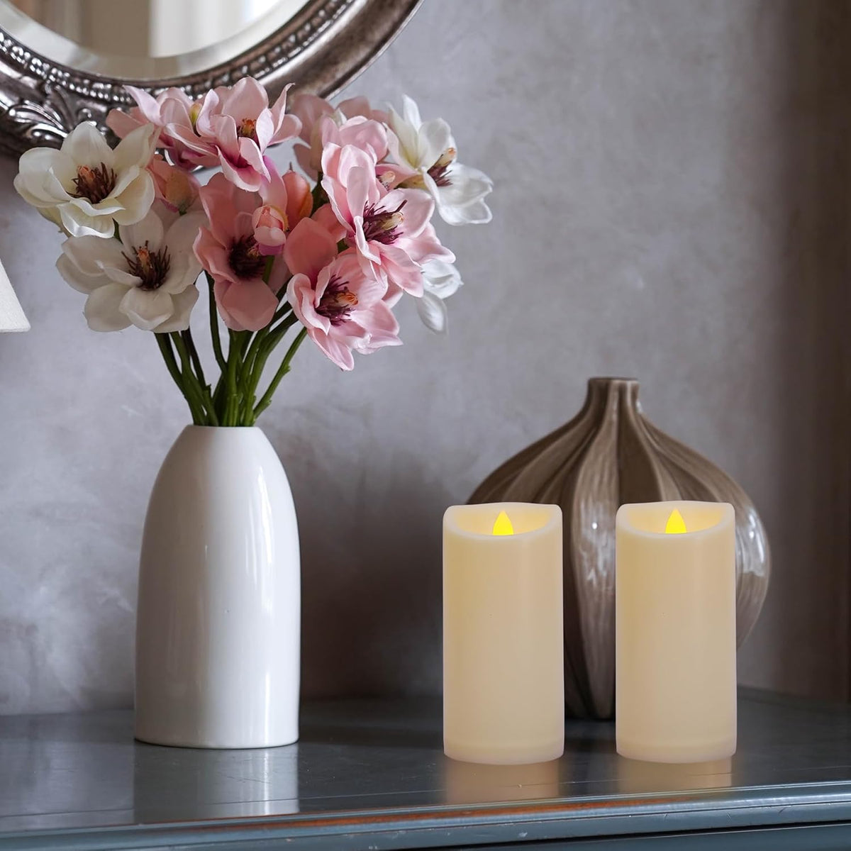 Large Outdoor Waterproof Flameless Candles with Remote and Timers, Battery Operated LED Flickering Pillar Candles, Long-Lasting, Ivory Plastic, D 4" x H 6", 1 Pack