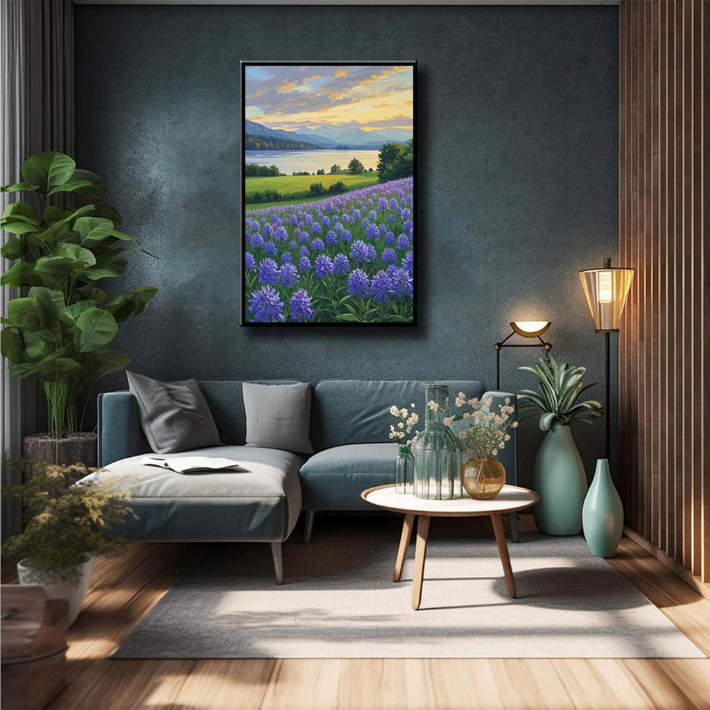 The lavender scenery all over the lake at sunset is suitable for posting in the living room bedroom office landscape poster wall painting
