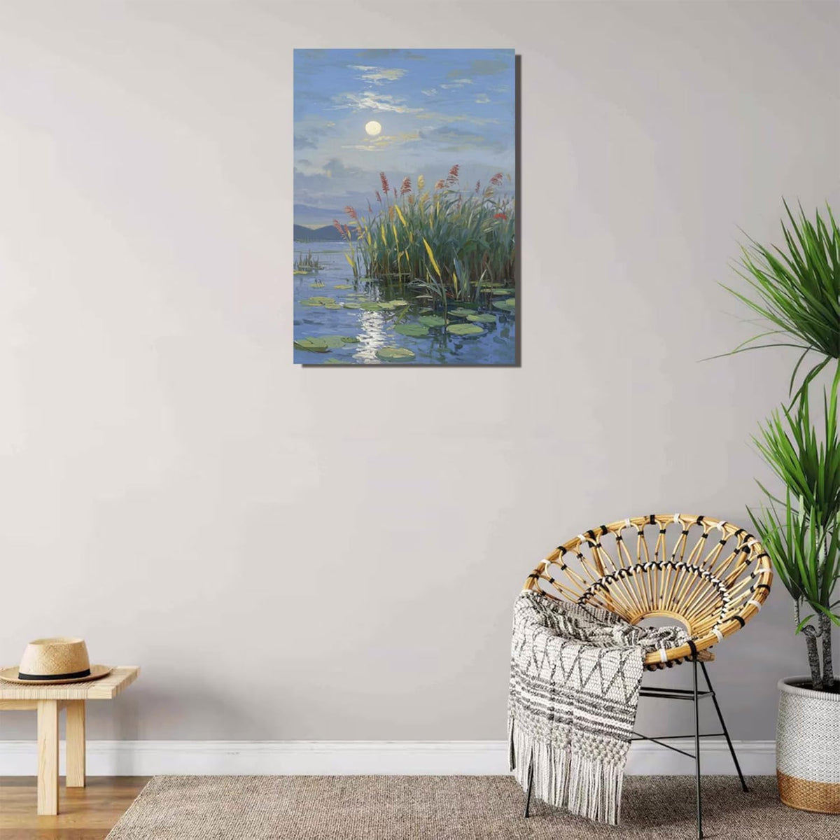 Landscape poster artwork art poster natural landscape painting reed marsh under the moonlight suitable for living room bedroom home wall