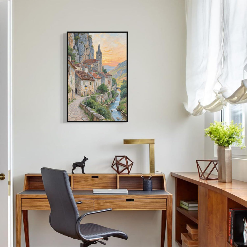 Small town scenery poster on the bank of the mountain stream is suitable for living room bedroom and office natural oil painting poster