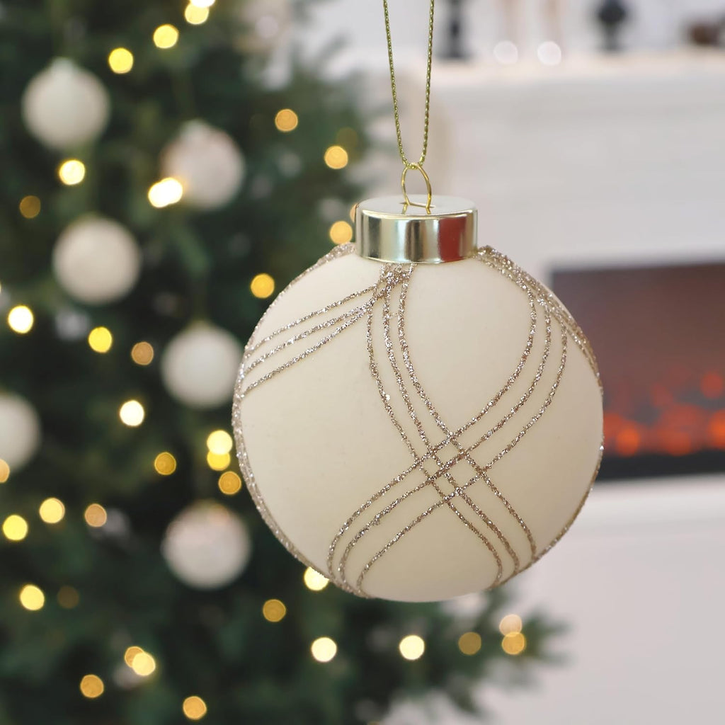 4inch Velvet Ornaments for Christmas Tree, 9PCS Glitter Flocked Christmas Ornaments Decorations Balls Set Decor Beige