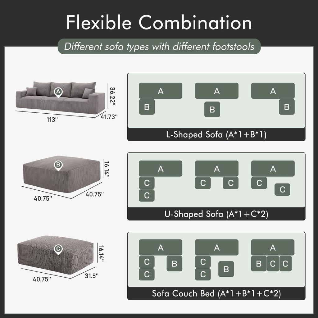Boneless Sectional Cloud Couch Sofa for Living Room, 112" L-Shaped Modular Modern Lounge Sleeper Grey Couches with Chaise, No Assemble, Cordury Compression Upholstered Sofas