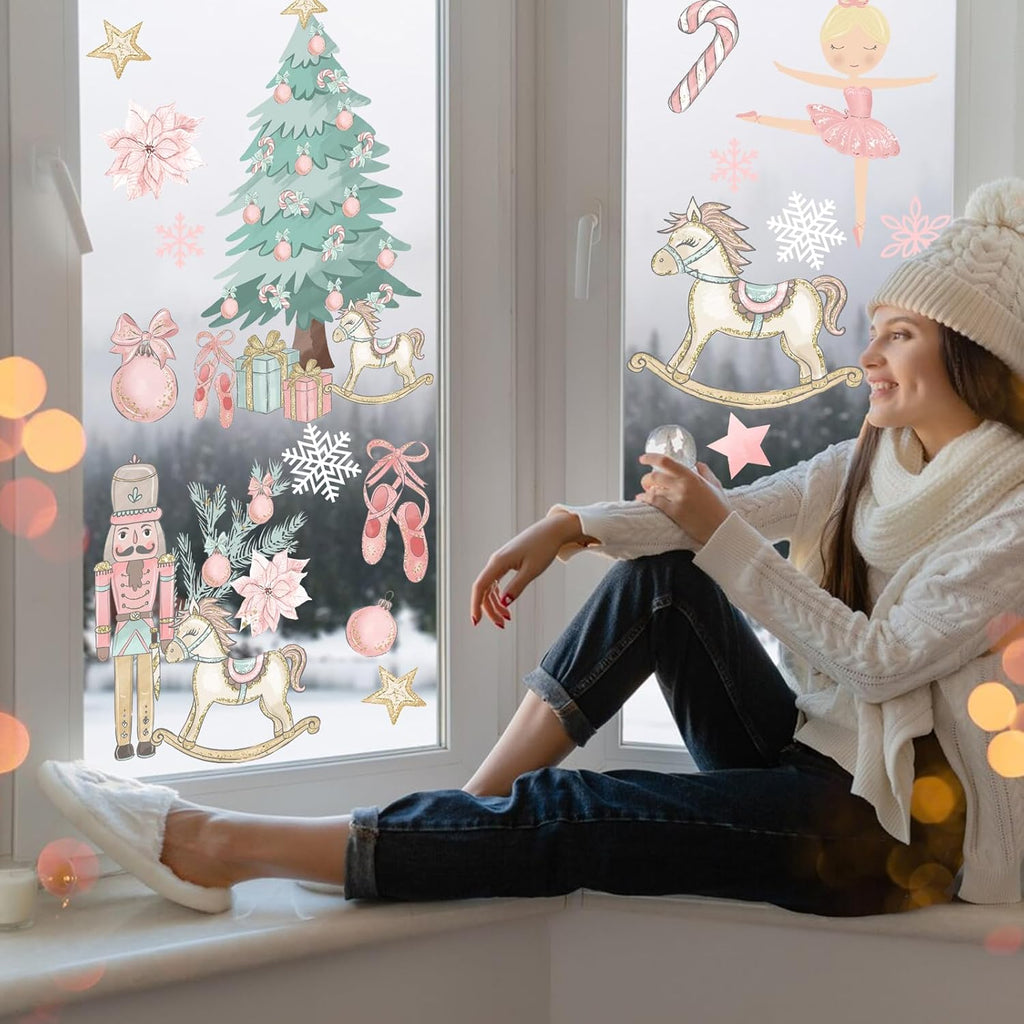 Pink Christmas Window Clings,Merry Christmas Supplies 9 Sheets Christmas Window Stickers Removable Christmas Decor for Glass Windows Winter Xmas Holiday