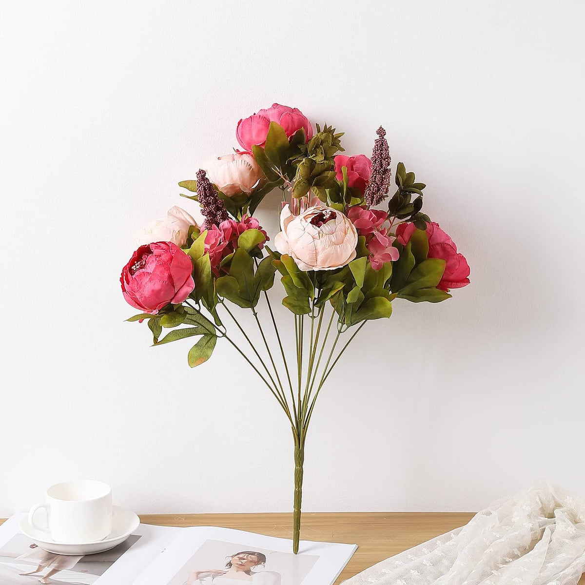 Duovlo Fake Flowers Vintage Artificial Peony Silk Flowers Wedding Home Decoration,Pack of 1 (Dark Pink)