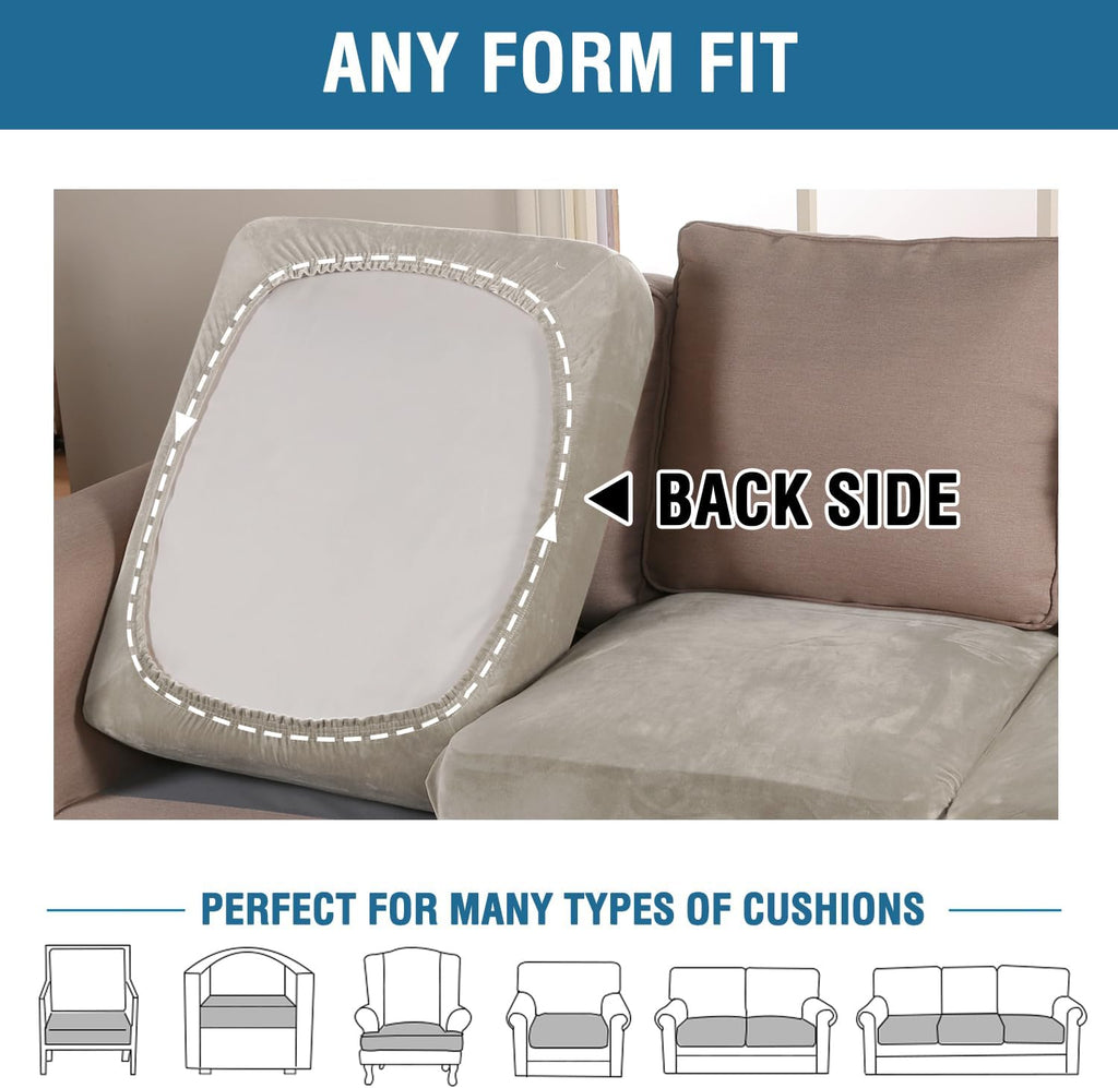 H.VERSAILTEX Velvet Stretch Couch Cushion Cover Plush Cushion Slipcover for Chair Loveseat Sofa Cushion Furniture Protector Seat Cushion Sofa Cover (3 Piece XL Sofa Cushion Covers, Oatmeal)