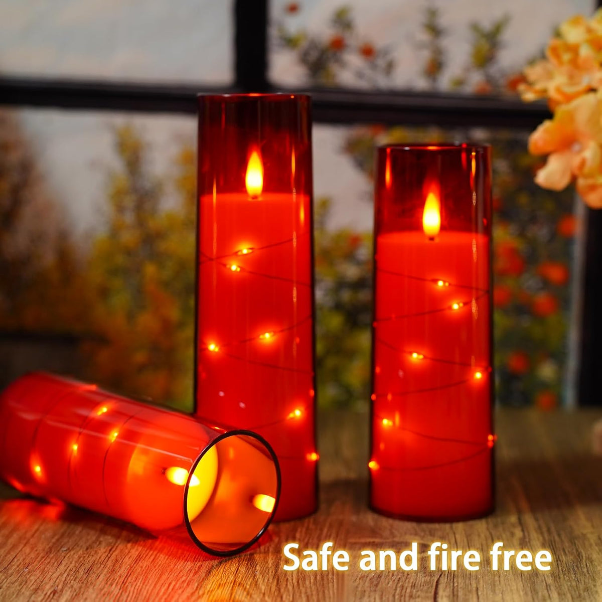 Flickering Flameless LED Candles,Battery Operated Candles 9 Pcs with Embedded Star String,Acrylic LED Pillar Candles with Remote,Suitable for Home Decoration to Create an Atmosphere（Red）