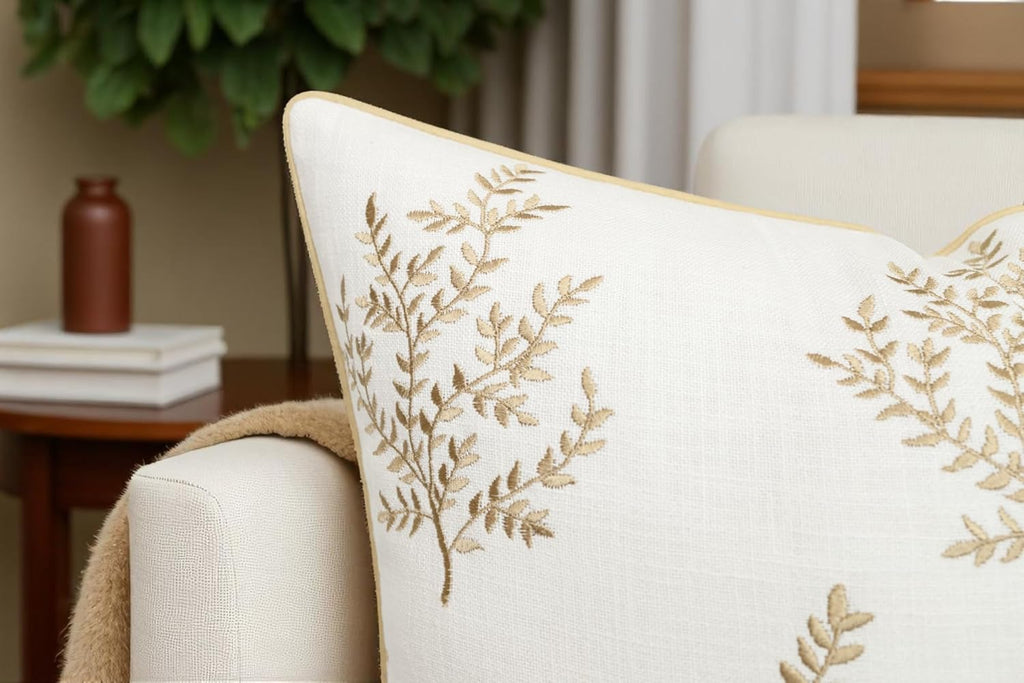VAGMINE Embroidered Leaves Throw Pillow Cover - 18x18 Inches Square - 100% Cotton Ivory Decorative Cushion Cover - Minimalistic Pattern - Soft Neutral Accent for Sofa, Bed, Couch, Farmhouse Décor
