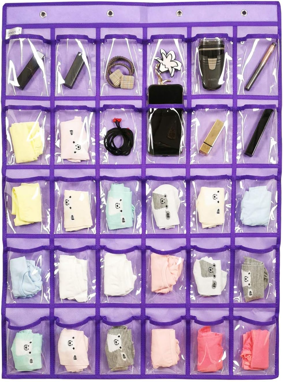 Classroom Pocket Chart for Phone Calculator Holder Over The Door Hanging Closet Jewelry Organizer with 30 Clear Pockets (Purple)