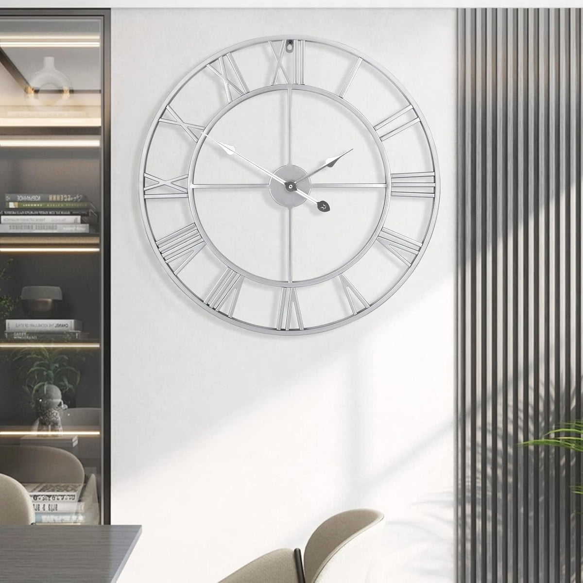 Large Wall Clock - 40cm/ 16 Inches Silent Non-Ticking Metal Wall Clock, Vintage Modern Silver, Battery Operated, Ideal for Living Room, Bedroom, Office, Farmhouse Decor