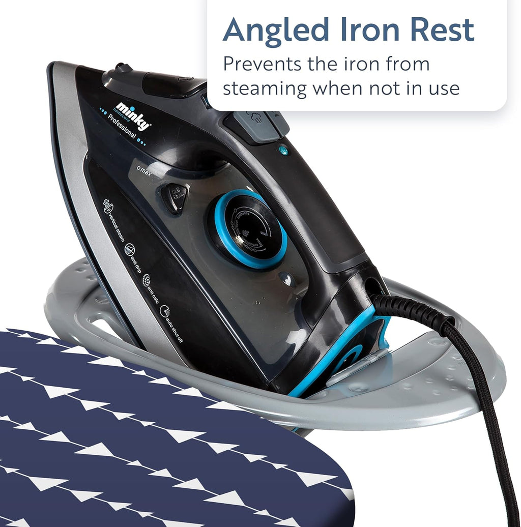 Classic 4-Leg Ironing Board with Iron Rest - Freestanding Full Size Iron Board for Clothes Pressing and Steaming with 43" x 14" Surface - Blue Arrows
