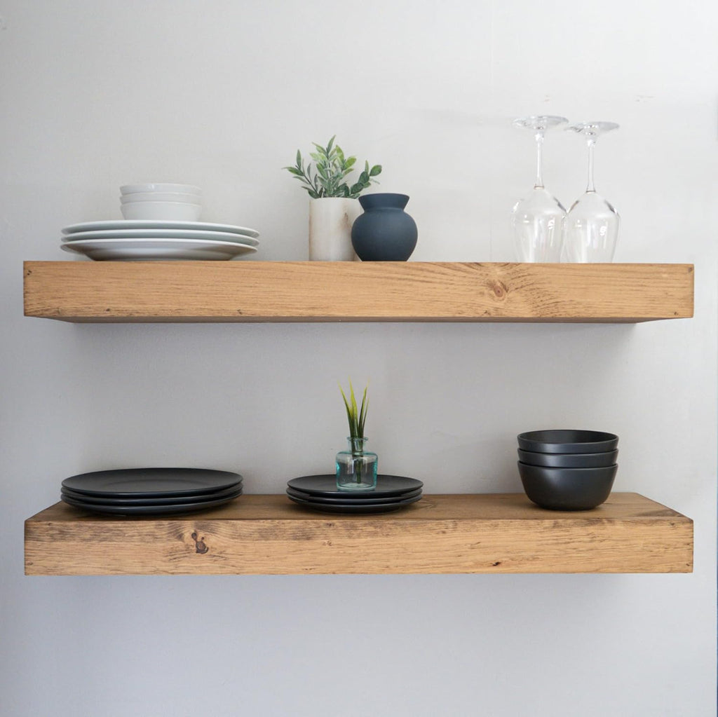 Modern Floating Shelves 3 Inches Thick for Wall, Wide Shelves for Kitchen, Living Room, Bedroom, and Bathroom, Natural Pine Wood, Rustic Wooden Shelf, (Set of 2) (Aged Oak, 48Lx3Hx8D)