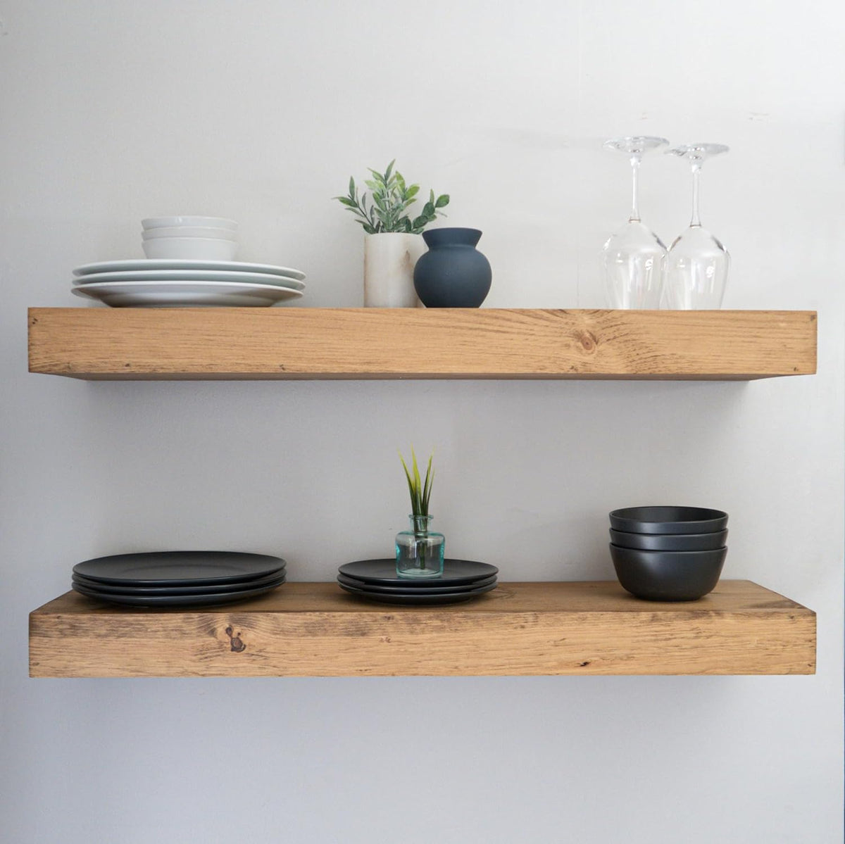Modern Floating Shelves 3 Inches Thick for Wall, Wide Shelves for Kitchen, Living Room, Bedroom, and Bathroom, Natural Pine Wood, Rustic Wooden Shelf, (Set of 2) (Aged Oak, 36Lx3Hx6D)