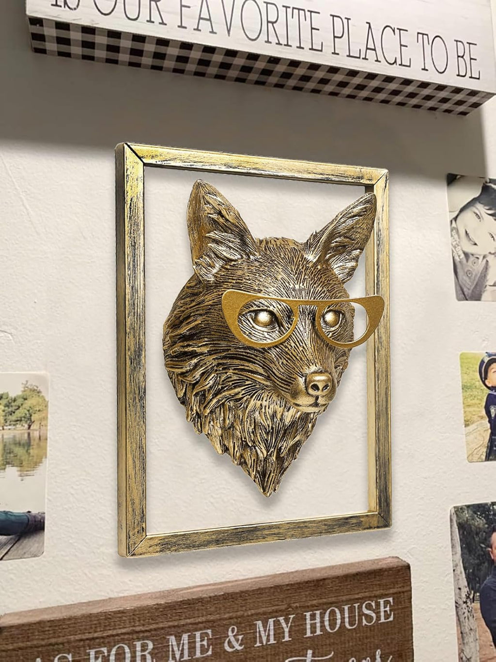 Animal Heads Wall Decor (Includes Metal Frame) Resin Animals Sculptures Head Wall Hanging Decoration Gold vintage Wall Sculpture for Living Room Bedroom Office(Fox)