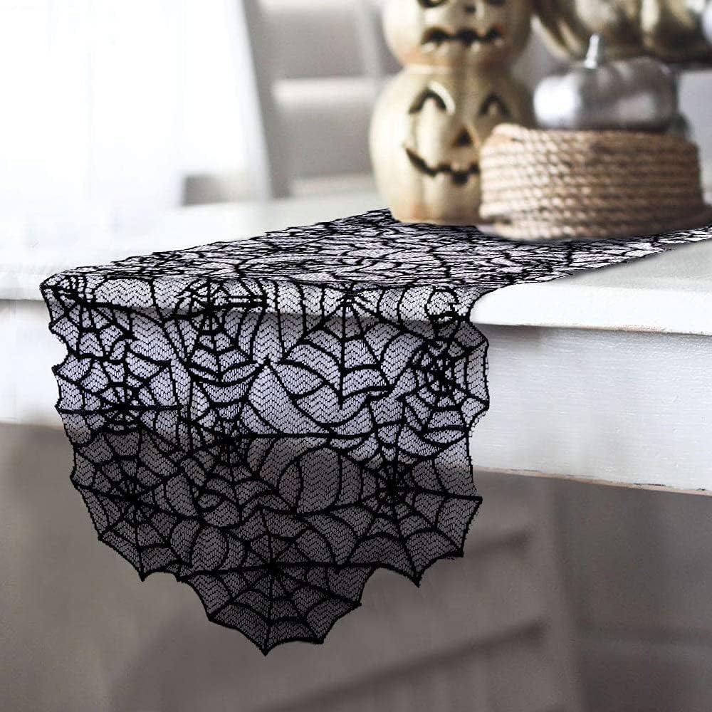 Hommtina 4 Pack Halloween Decorations Tablecloth Runner Black Lace Round Spider Cobweb Table Cover Fireplace Mantel Scarf Spiderweb with 60 Pcs 3D PVC Scary Black Bat Sticker Halloween Party Supplies