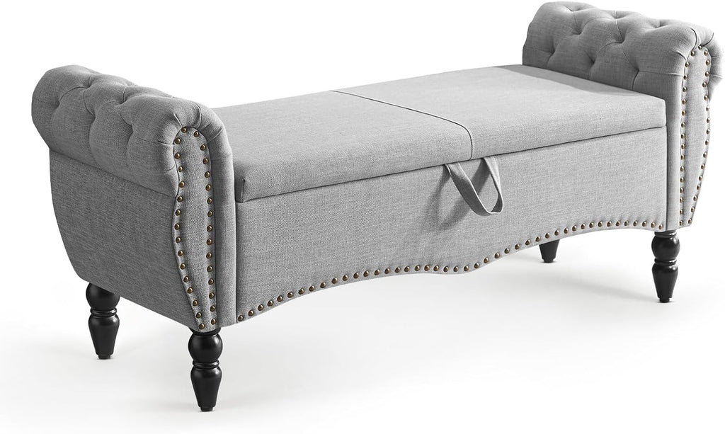 Furniliving 51.75" Storage Ottoman Bench for Living Room, Modern Bedroom Bench with Rolled Arm Upholstered End of Bed Bench Shoe Storage Bench Indoor Bench with Wood Legs Entryway Bench,Grey, Linen