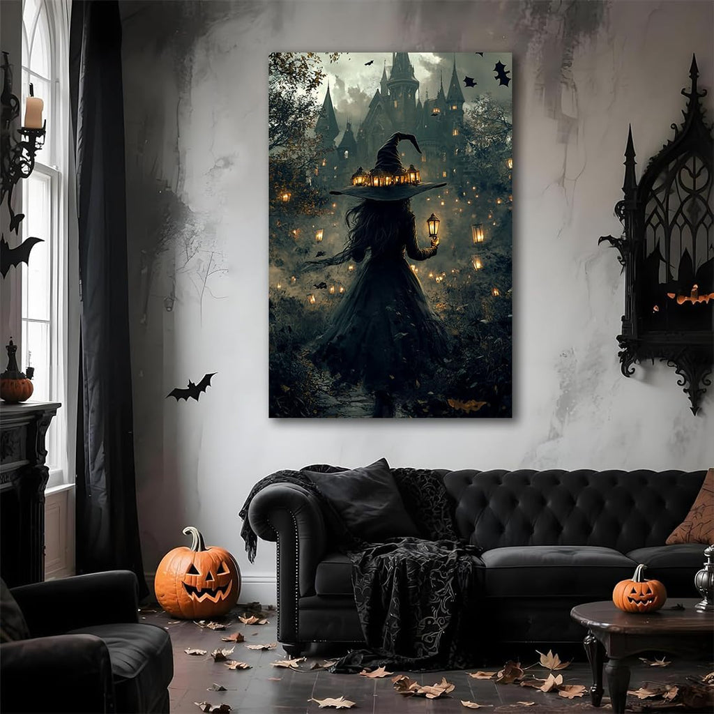 Halloween Witch and Haunted House Canvas Wall Art,Dark Academia Scary Witch Castle Posters Prints,Thriller Horror Gothic Wall Decor Pictures for Halloween Party House Decoration,16"x24" Framed