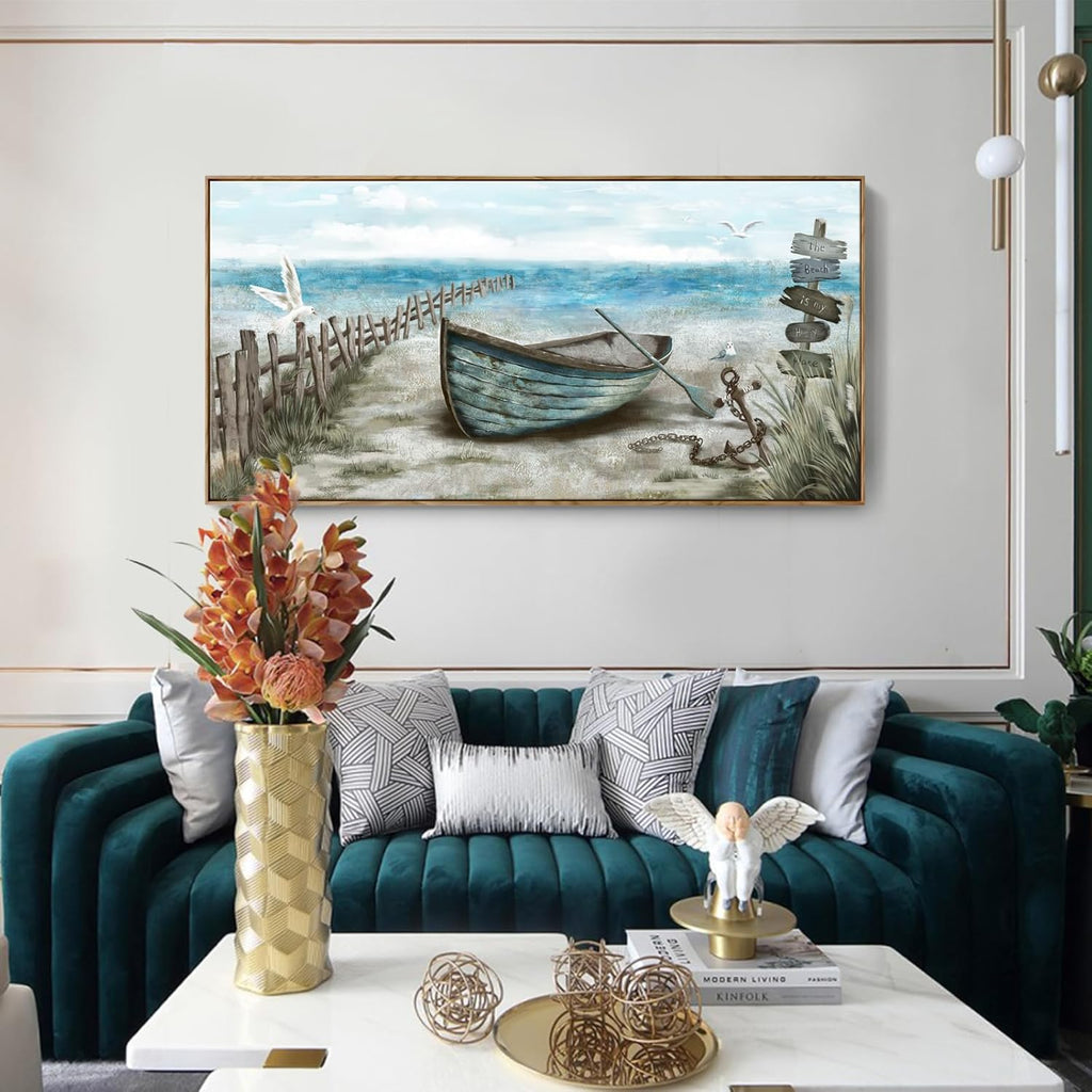 Extra Large Framed Wall Art for Living Room Coastal Décor Rustic Rowboat Canvas Print Big Beach Themed Painting Seagull Vintage Boat Sea Bird Artwork Oversized Blue Teal Seaside Ocean Picture for