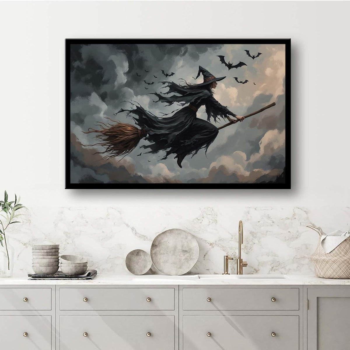 JFHCQJPK Witch and bat flying Halloween poster suitable for home party wall decoration retro Halloween preppy style wall art canvas print suitable for room decoration24x36in Metal blackFramed