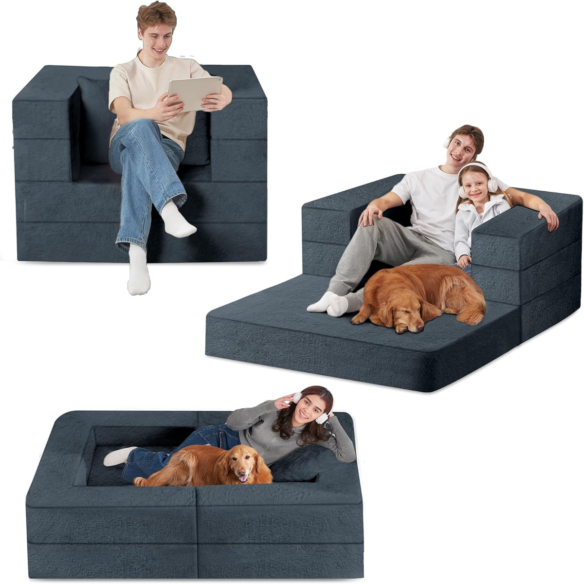 Folding Bean Bag Chair for Adults,3-in-1 Bean Bag Couch Faux Fur Floor Sofa Large Beanbag Convertible Bean Bag Sofa Bed with Pillow in Bedroom,Living Room,Apartment(Twin,Dark Grey)