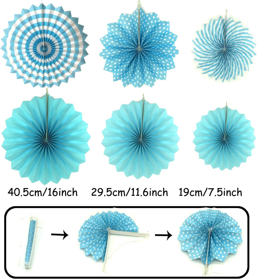 ZERODECO Party Decoration, 21 Pcs Blue Hanging Paper Fans, Pom Poms Flowers, Garlands String Polka Dot and Triangle Bunting Flags for Boy Birthday Parties, Bridal Showers, Baby Showers, Wedding