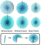 ZERODECO Party Decoration, 21 Pcs Blue Hanging Paper Fans, Pom Poms Flowers, Garlands String Polka Dot and Triangle Bunting Flags for Boy Birthday Parties, Bridal Showers, Baby Showers, Wedding