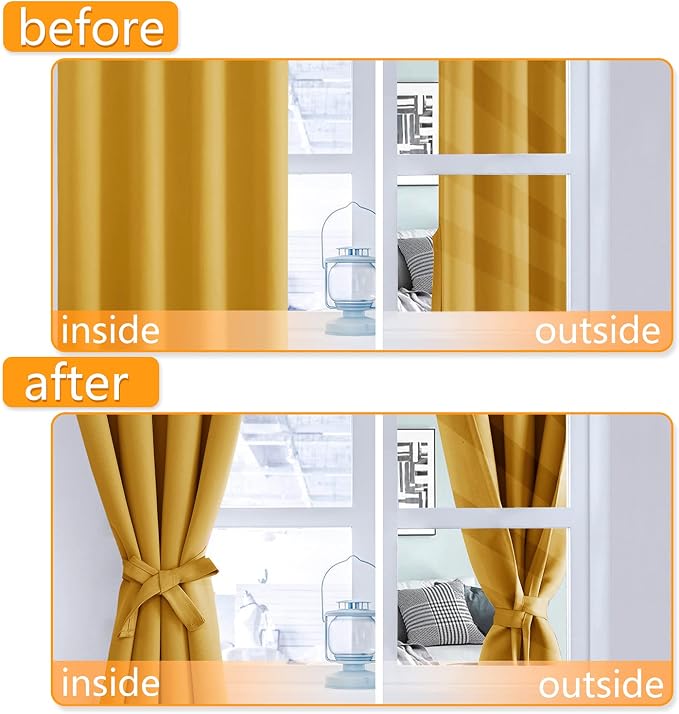 Blackout Curtains for Bedroom 60 x 72 Inch Mustard Yellow 2 Panels | Thermal - Image 4