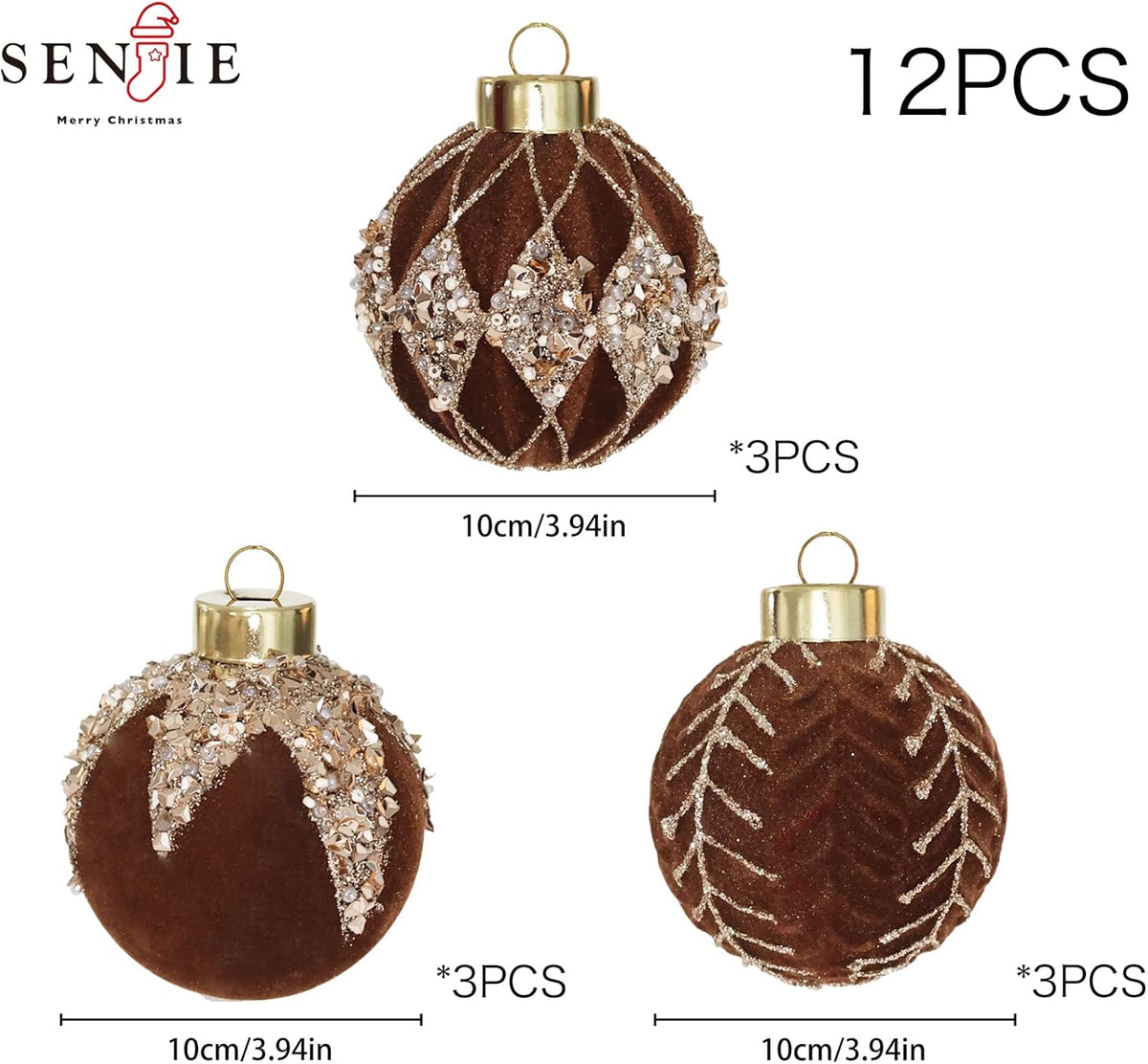 4inch Velvet Ornaments for Christmas Tree, 9PCS Glitter Flocked Christmas Ornaments Decorations Balls Set Decor Brown