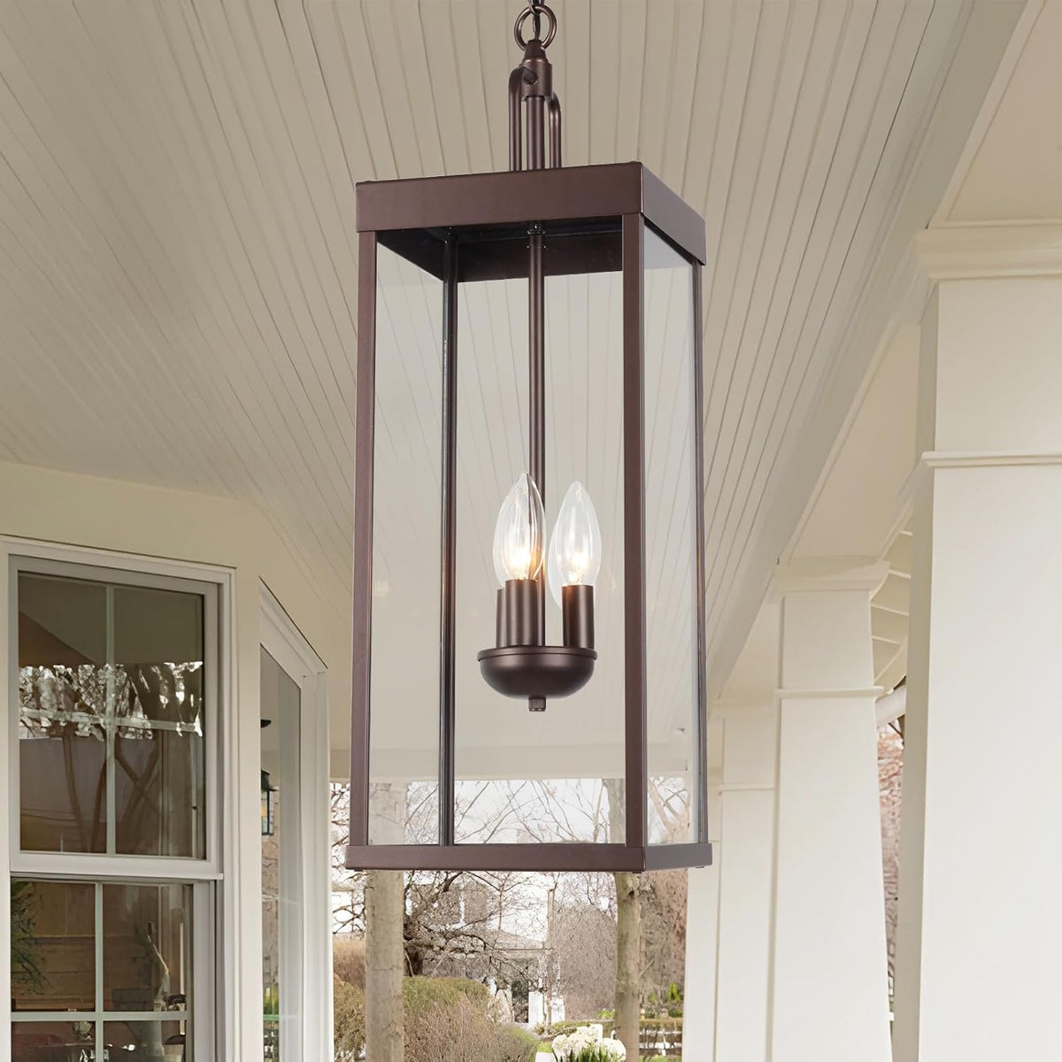 Large Outdoor Pendant Lantern Light Fixture for Front Porch, 24 Inch 3-Light Bronze Exterior Hanging Chandelier with Clear Glass, Outdoor Indoor Pendant Lamp for Patio, Gazebo, RZ008L-H ORB