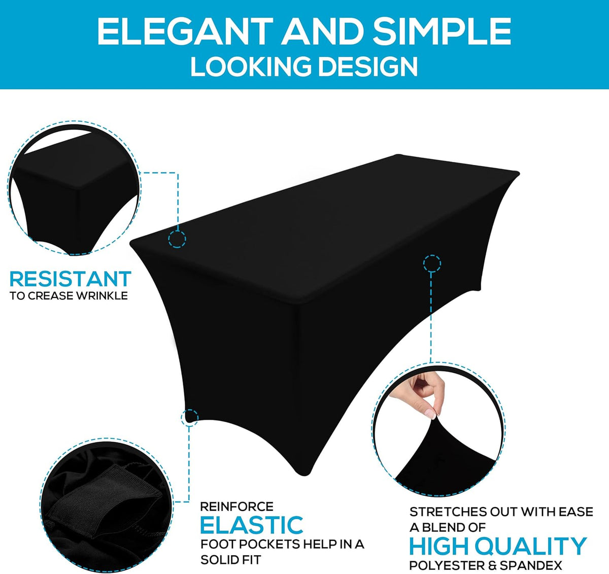 Utopia Kitchen 8FT Spandex Tablecloth [1 Pack, Black] 200 GSM Stretch, Fitted, Washable and Wrinkle Resistant Table Cloth Rectangle Cover for Trade Shows, Wedding, Parties [96Lx30Wx30H Inch]
